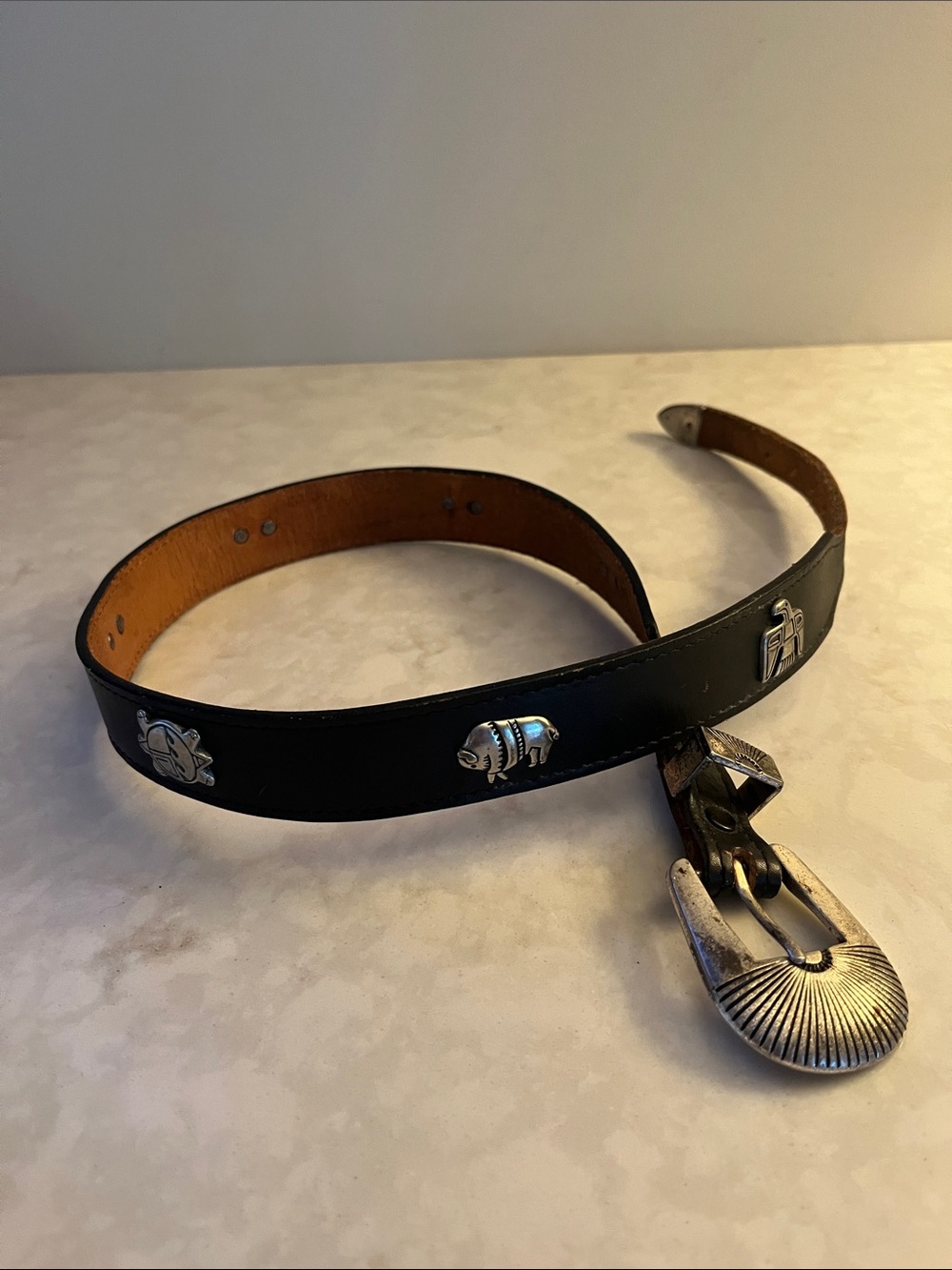 Vintage 1990’s  Legends Black Western Leather Concho Belt with Silver-Tone